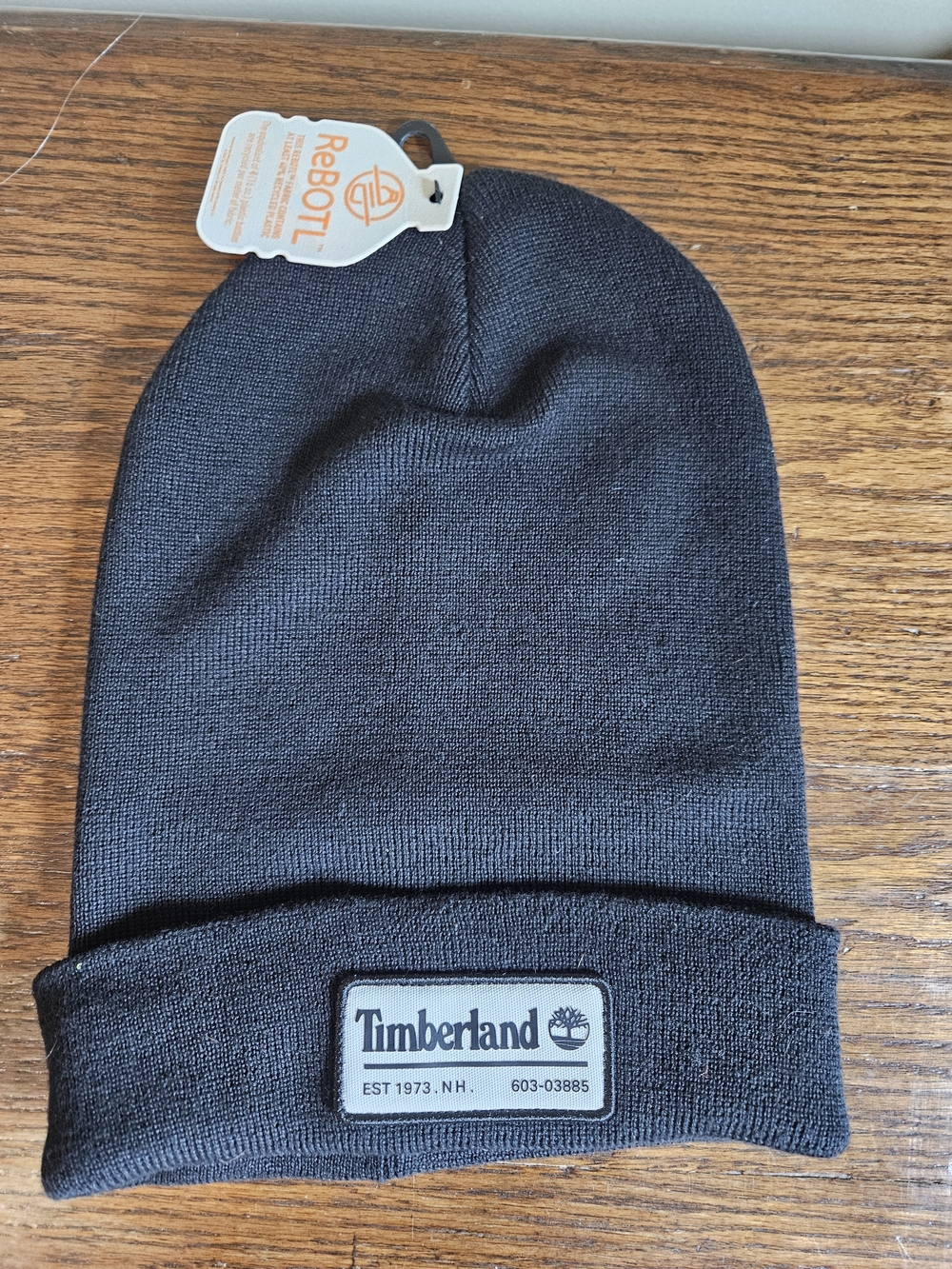 Timberland Black Fold-Over Knit Beanie with Logo Patch